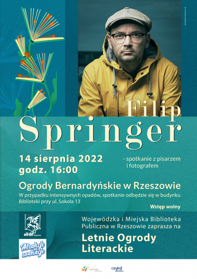 Grafika promująca spotkanie z Filipem Springerem w ramach Letnich Ogrodów Literackich